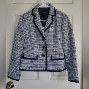 Talbots Navy Trimmed White & Navy Tweed Blazer, Size 2 NWT